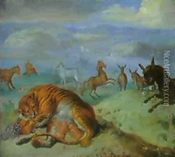 (2) A Lioness Suckling Her Cubs, Zebras, Leopards And Other Beasts... - Bears And Other Animals In A Landscape... Oil Painting - Jan van Kessel the Elder