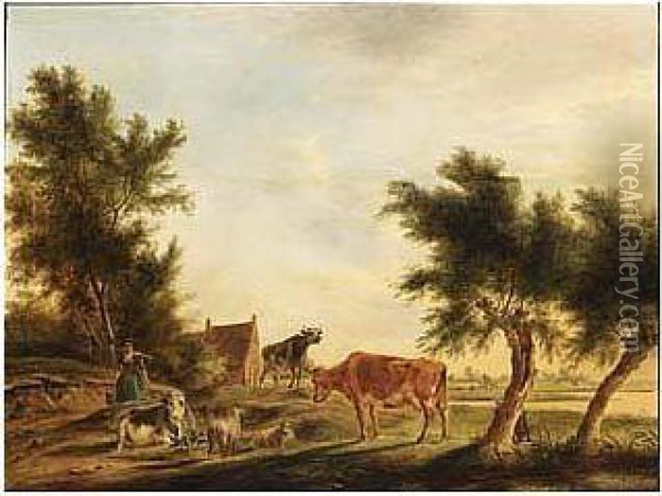 A Landscape With Cows And Sheep In A Meadow And A Milkmaid And A Farm Nearby Oil Painting - Johannes, Jacobus Janson