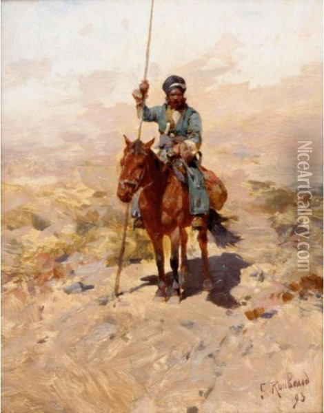 Lone Cossack Horseman Oil Painting - Franz Roubaud