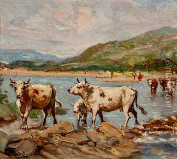 Vacas Vadeando El Rio Oil Painting - Emilio Poy Dalmau