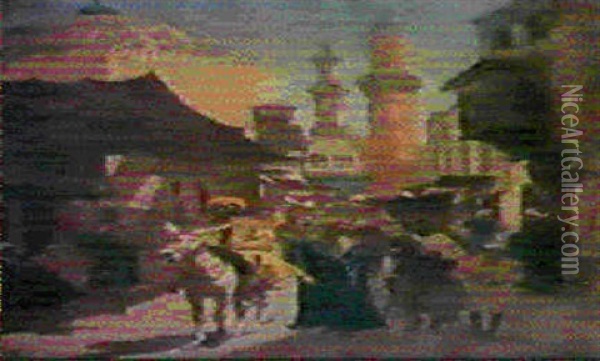 Figures On A Sunlit Street, Cairo Oil Painting - Aloysius C. O'Kelly