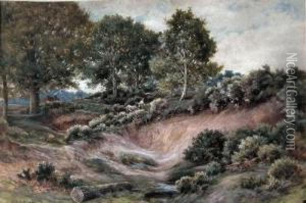 Country Landscape With Figure And Goat On Pathway Oil Painting - Thomas J. Watson