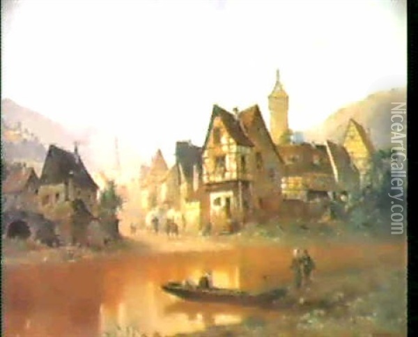 Altes Stadtchen Am Neckar. Oil Painting - Max Fritz
