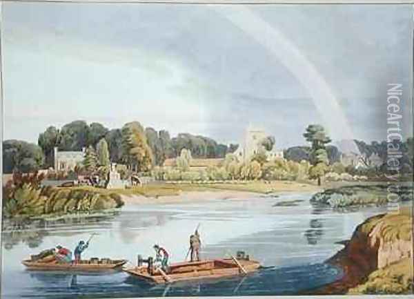 Staines Church with City Stone on Banks of the River Oil Painting - William Havell