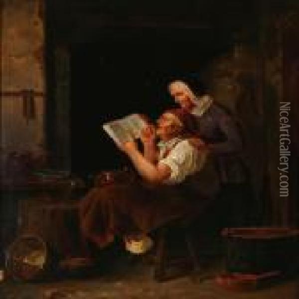 An Elderly Couple Reading A Book Oil Painting - Christian Andreas Schleisner