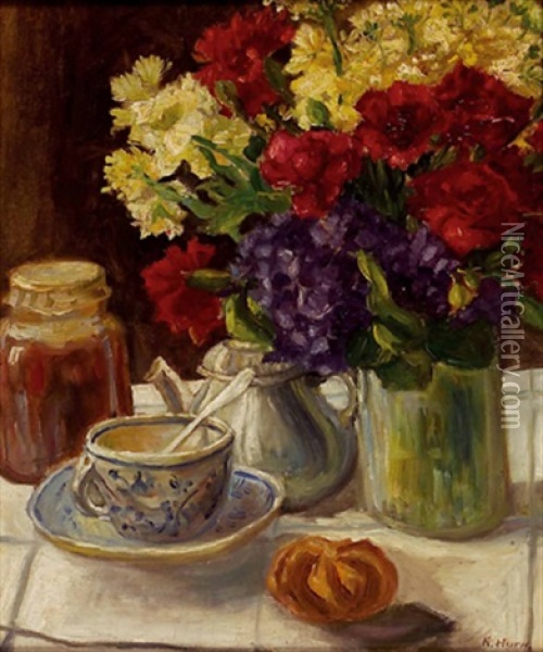 Stillleben Mit Blumen Und Kaffeetasse Oil Painting - Carl Horn