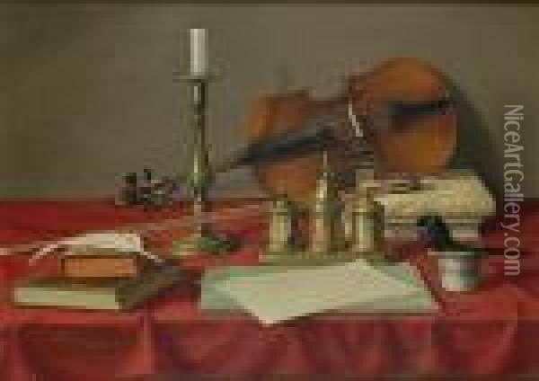 A Table Still Life With Violin Oil Painting - Leon Richet