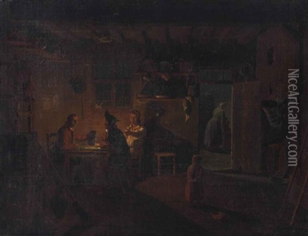 Men Playing Cards And Drinking In A Candlelit Tavern Oil Painting - Leonard Defrance