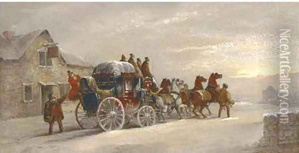 The London to Manchester mail coach outside The Sun Inn Oil Painting - John Charles Maggs