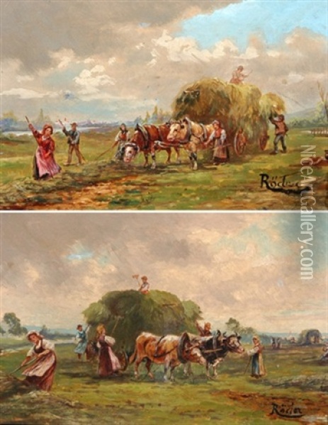 Bauern Bei Der Heuernte (pair) Oil Painting - Carl Roeder