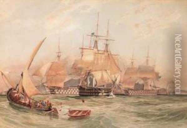 The Fleet Making Sail Off A Mediterranean Port, Thought To Begibraltar Oil Painting - Thomas Sewell Robins