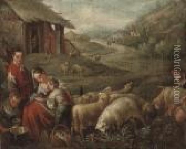 A Wooded River Landscape With A 
Shepherd Shearing Sheep With His Family In The Foreground Oil Painting - Jacopo Bassano (Jacopo da Ponte)
