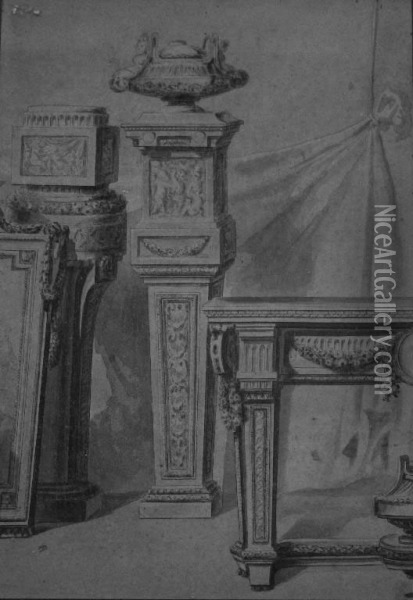 Study Of Neo-classical Furniture, A Frame, Pedestals And Urns Oil Painting - H. Delafosse