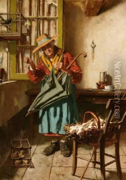 Edouard Menta . Lady Mending Umbrella In Interior With Basket Of Eggs Oil Painting - Edouard Menta