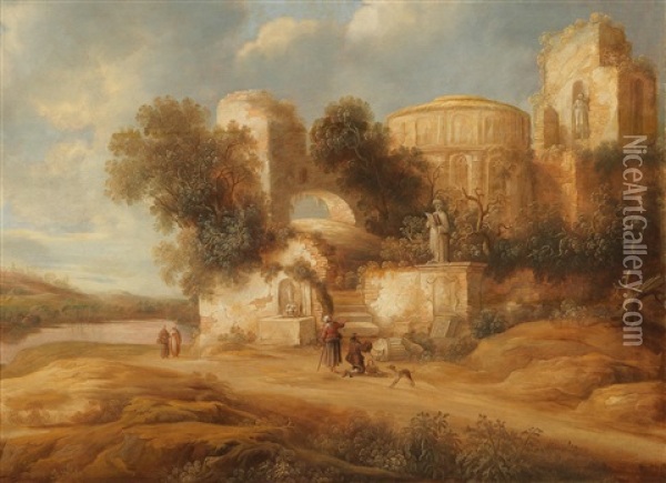 Travellers In Front Of Antique Ruins Oil Painting - Charles Cornelisz de Hooch