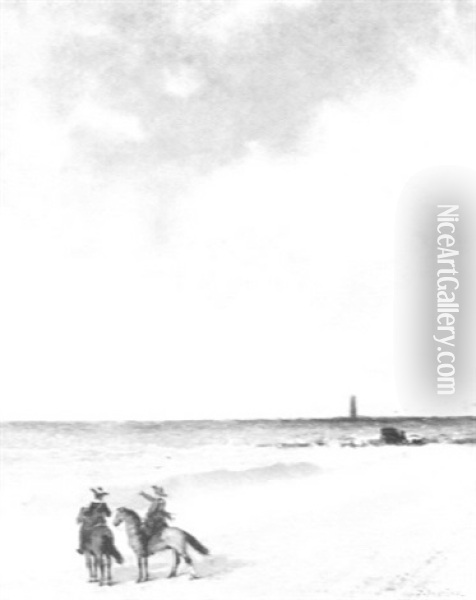 Mexicans On Horseback On A Beach Oil Painting - Ignacio Merino