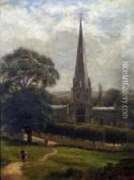 Ashbourne Church, A Summer Landscape With Figure And Sheep Oil Painting - Louis Bosworth Hurt
