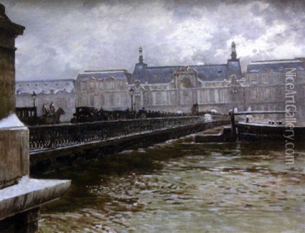 Paris, Le Pont Des Saints-peres Devant Le Louvre Oil Painting - Joseph Felix Bouchor