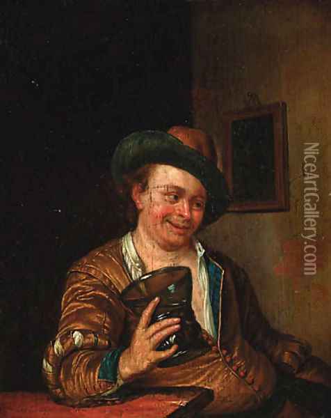 A peasant man holding a large roemer at a table in an interior Oil Painting - Willem van Mieris