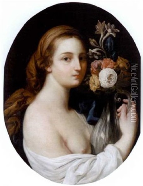 A Woman Holding A Vase Of Flowers Oil Painting - Pompeo Girolamo Batoni