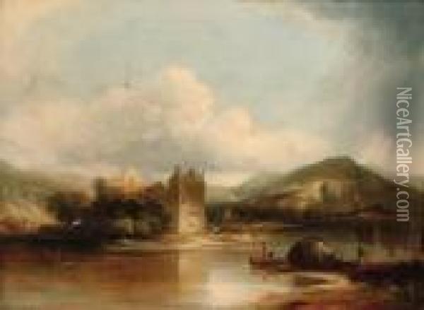Figures Boating On A Lake, A Ruined Castle Beyond Oil Painting - James Baker Pyne