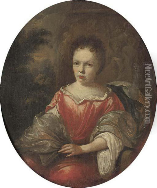 Portrait Of A Lady, Seated, Three-quarter-length, In A Red Satindress With A Blue Mantle, A Classical Relief And A Wooded Landscapebeyond Oil Painting - Hendrik Carree