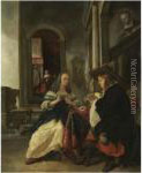An Elegant Couple Playing Cards Oil Painting - Gabriel Metsu
