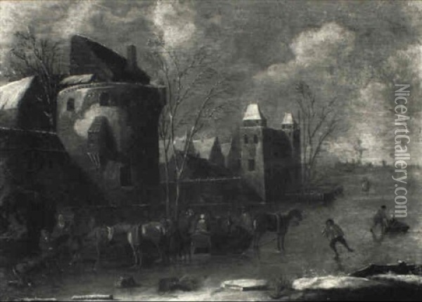 Winter Landscape With Figures In Sledges Oil Painting - Thomas Heeremans
