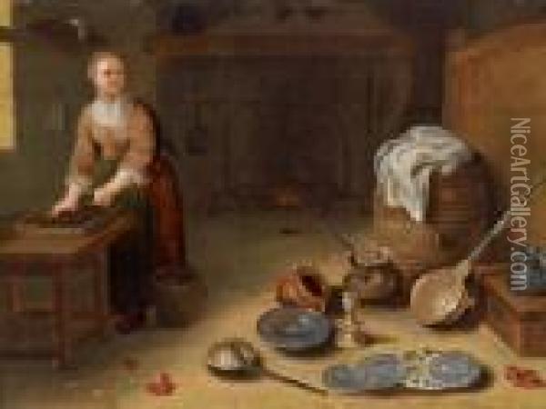 Kucheninterieur Mit Einer Magd Und Verschiedenen Gefasen Oil Painting - Egbert van der Poel