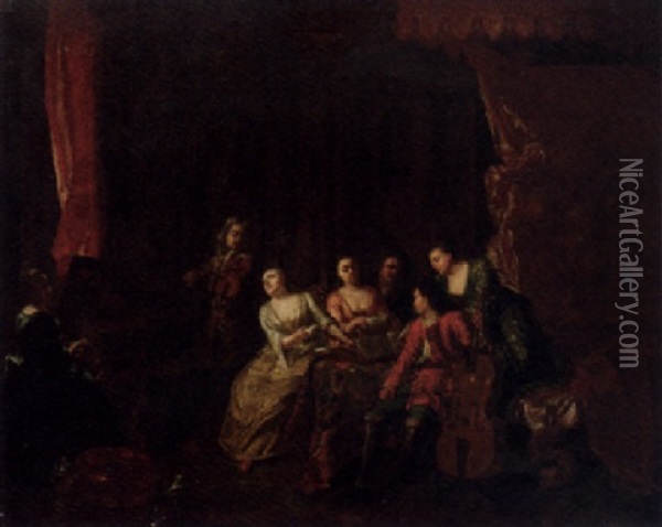 Elegant Couple Making Music In An Interior Oil Painting - Gerard de Lairesse