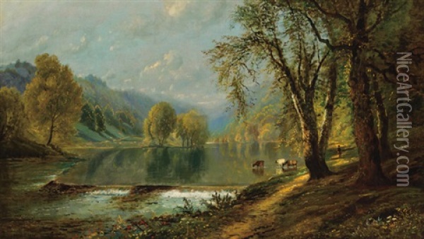 A Summer's Day Along A River Oil Painting - Edmund Darch Lewis
