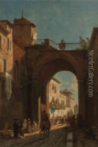 Figures Before The Roman Gate, Saragossa Oil Painting - Francois Antoine Bossuet