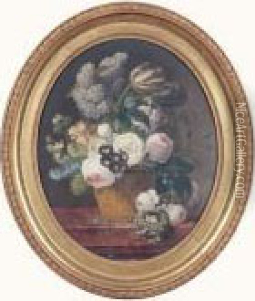 Bouquet De Fleurs Dans Un Vase Pose Sur Un Entablement Pres D'un Nid D'oiseau Oil Painting - Jan Frans Van Dael