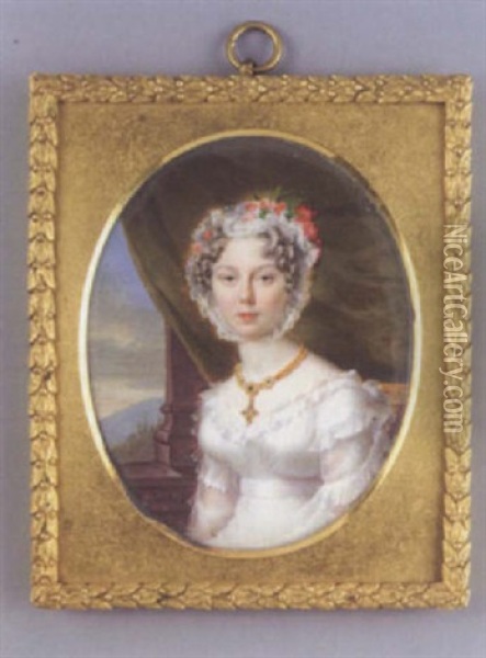 Lady Susan Reeve Wearing A White Dress And Flower-trimmed Lace Cap, And A Jewelled Cross Necklace Oil Painting - Jean Francois Gerard Fontallard