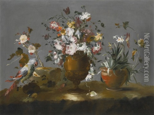 A Still Life With Roses, Carnations And Other Flowers In A Vase, A Potted Daffodil And A Parrot On A Ledge Oil Painting -  Pseudo Guardi