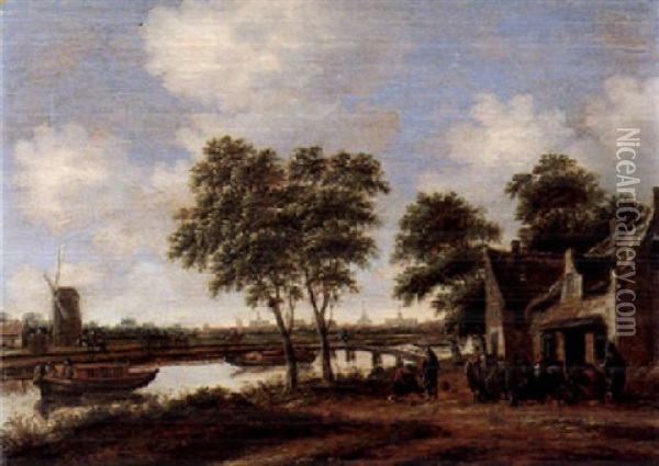 A River Landscape With A Windmill And Figures Gathered Outside An Inn, With A Distant View Of The City Of Leiden Beyond Oil Painting - Thomas Heeremans