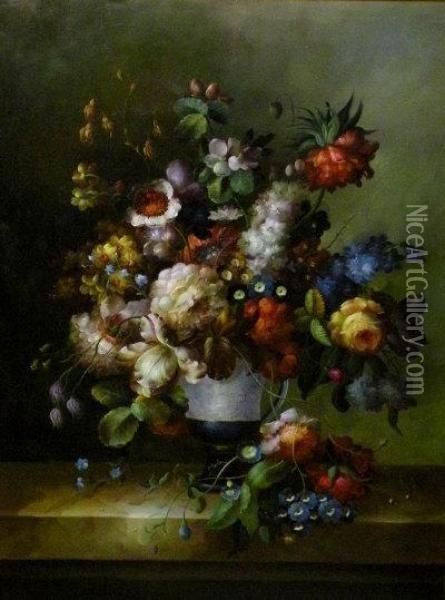 Flowers In An Urn On A Marble Ledge Oil Painting - Jan Davidsz De Heem