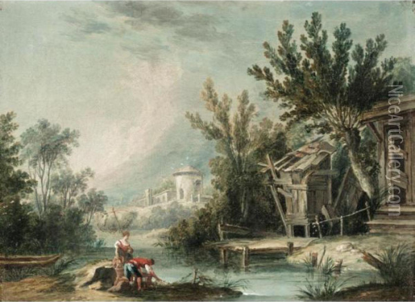 River Landscape With A Mill With Figures Fishing In The Foreground Oil Painting - Francois Boucher