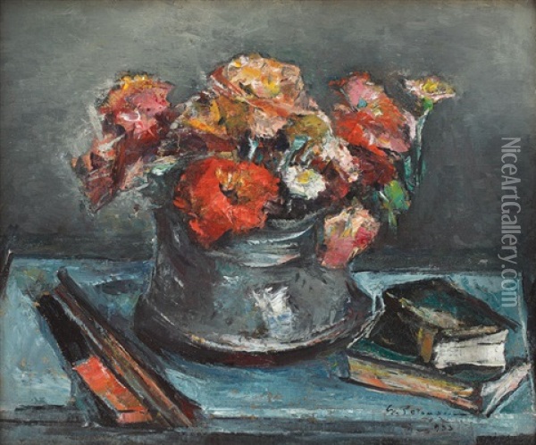 Still Life With Flowers And Books Oil Painting - Gheorghe Petrascu