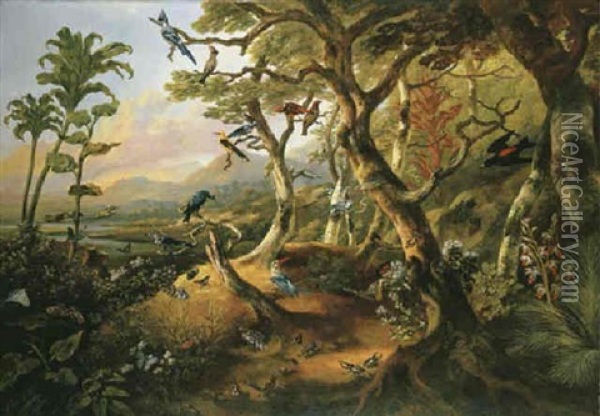 Exotic Birds And Insects Among Trees And Foliage In A Mountainous River Landscape Oil Painting - Philipp Reinagle