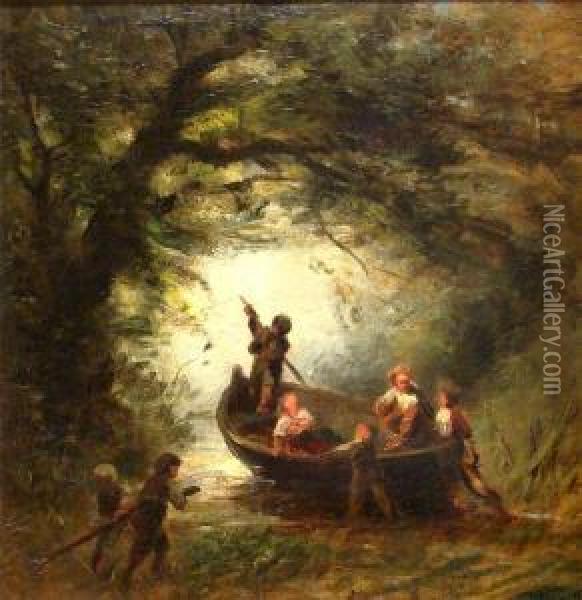 Bewaldeter Flusslauf Mit Kindern, Beim Ablegen Ihres Ruderbootes Oil Painting - Winck Willibald