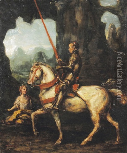 Ritter Zu Pferde Rettet Eine Jungfrau Vor Einem Drachen Oil Painting - Otto Maria Porsche