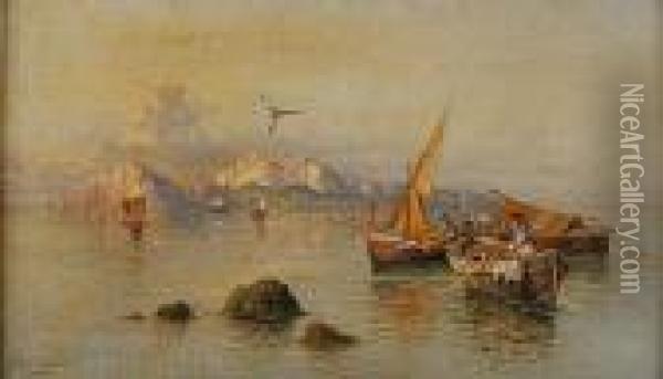 Capri, Fishing Boats To The Fore, Signed Andinscribed Oil Painting - Giuseppe Carelli