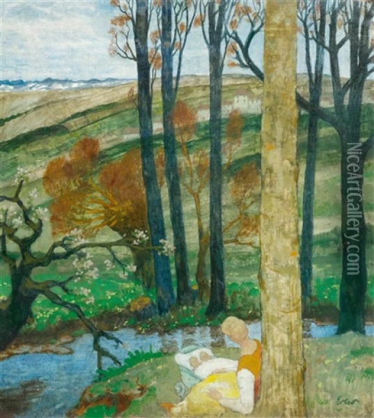 Mother And Child At The Waterside Oil Painting - Fritz Erler