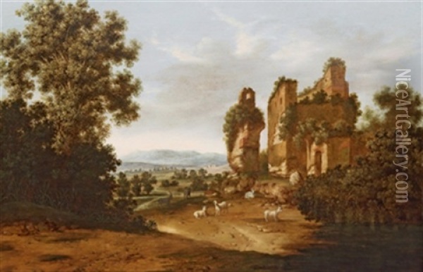 Ruinenlandschaft Mit Schafherde Oil Painting - Jacob Sibrandi Mancadan