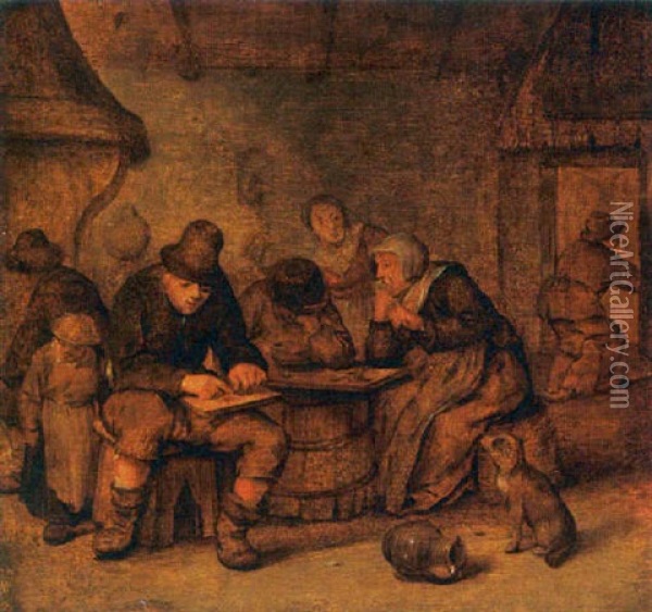An Interior With Peasants Sitting Around A Table Near A Fireplace Oil Painting - Jan Miense Molenaer