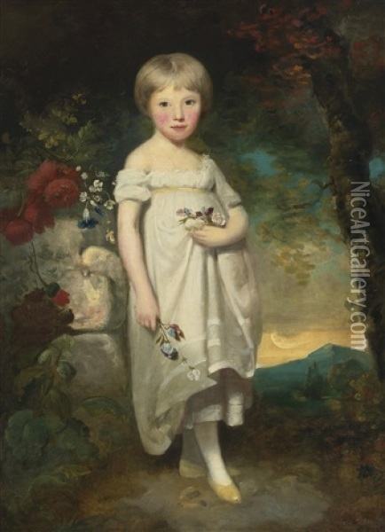 Portrait Of Miss Elizabeth Buckler Standing In A Landscape Oil Painting - Sir William Beechey