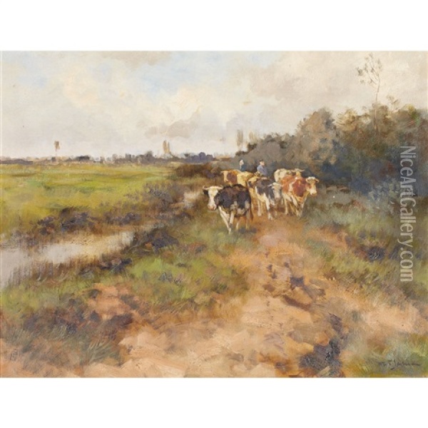 Herding Cows Along A Water Channel Oil Painting - Willem George Frederik Jansen