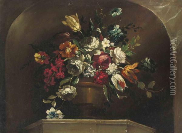 Roses, Tulips And Other Flowers In An Urn On A Ledge, In A Stoneniche Oil Painting - Jean Baptiste Belin de Fontenay