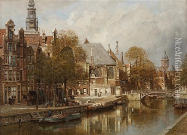 View Of Oudezijds Voorburgwal, Amsterdam Oil Painting - Johannes Christiaan Karel Klinkenberg